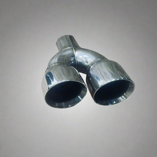 Twin Round 3.5-inch Slash Cut Staggered Tailpipe (LH) in stainless steel, designed for custom exhaust systems with a sleek, aggressive look